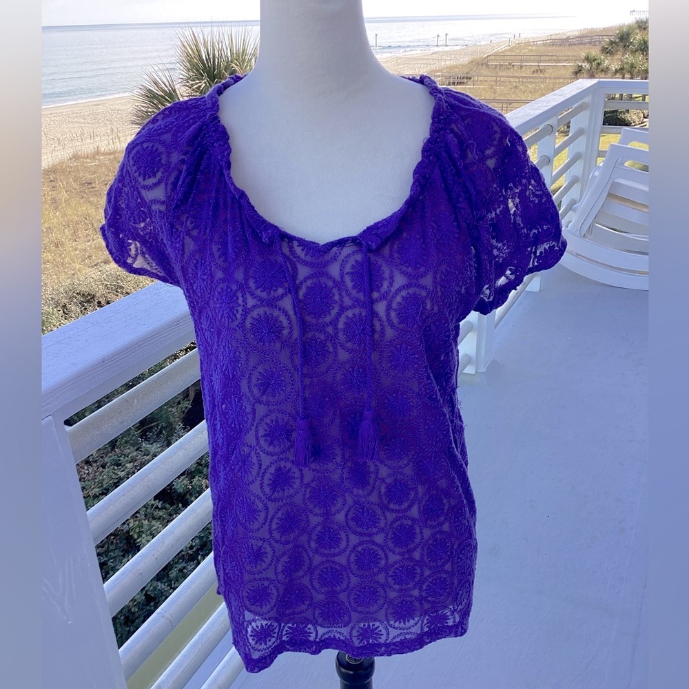Purple Chico’s embroidered semi-sheer top
